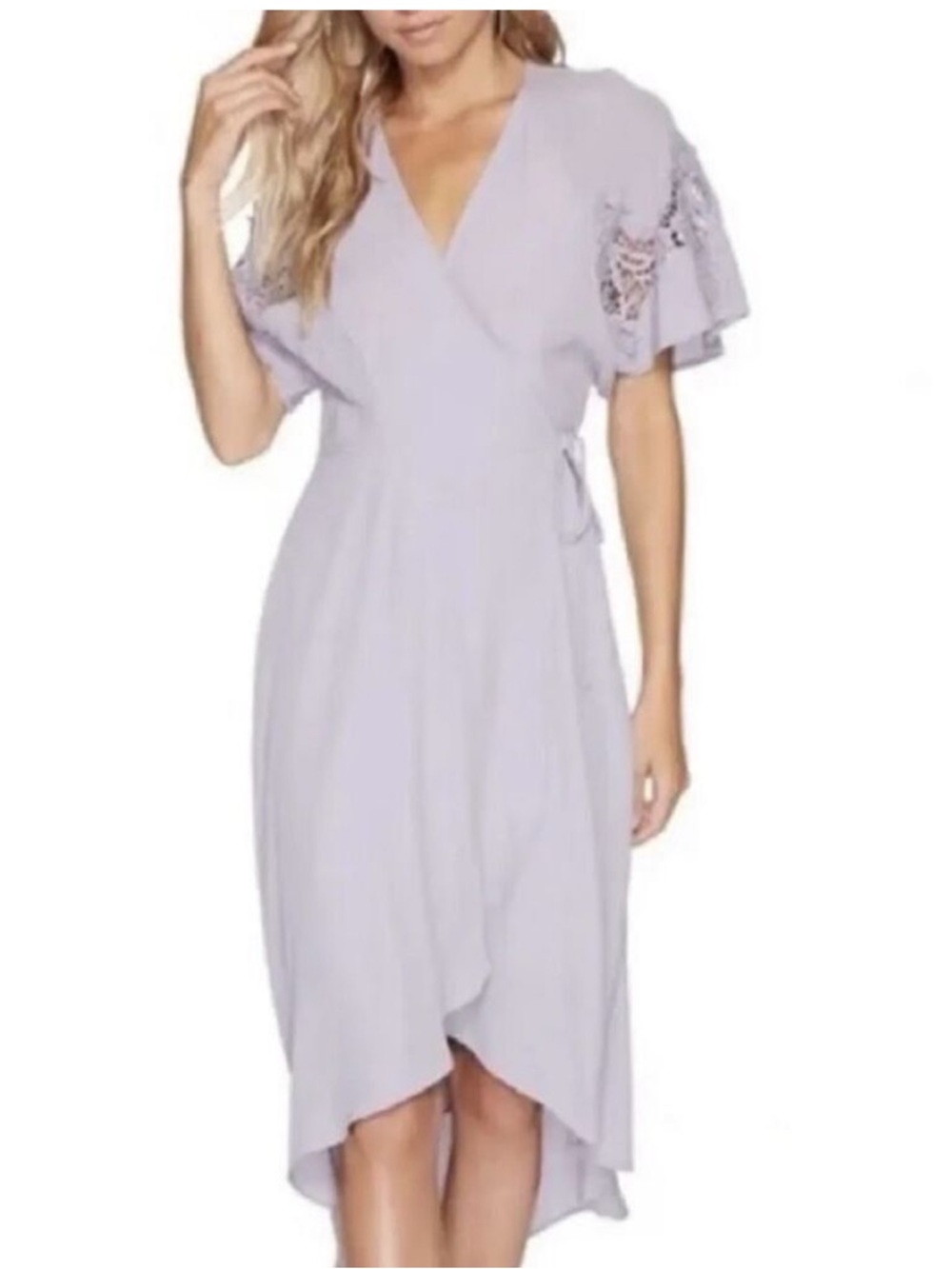 ASTR The Label Crochet Sleeve High Low Midi Wrap Dress Small Lilac Lavender